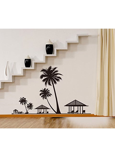 Asmi CollectionsWall Stickers Beach Black Palm Tree Hut JM7154