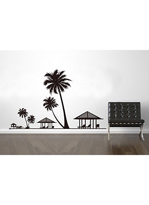 Asmi CollectionsWall Stickers Beach Black Palm Tree Hut JM7154