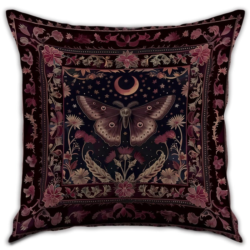 RBAFAO Luna Moth Throw Pillow Cover with Moon&Floral Design, Vintage Dark Mystic Pillowcase Art Print Decor, Indoor Cushion Case for Sofa Couch Bed Living Room Bedroom Home (Red-Luna Moth, 18x18inche) - Image 1
