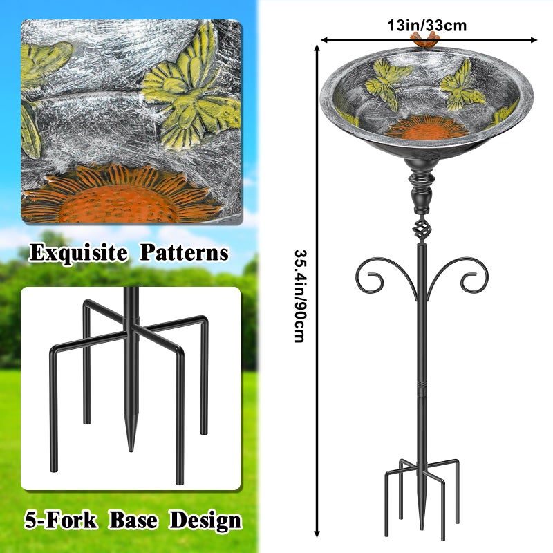 Gouisalin 35In Bird Bath for Outside, Vintage Metal Birdbaths & Birdfeeder with 5 Prong Bases for Outdoors, Freestanding Bird Feeder Bowl with for Garden Yard Lawn Decor (Vintage Silver) - Image 2