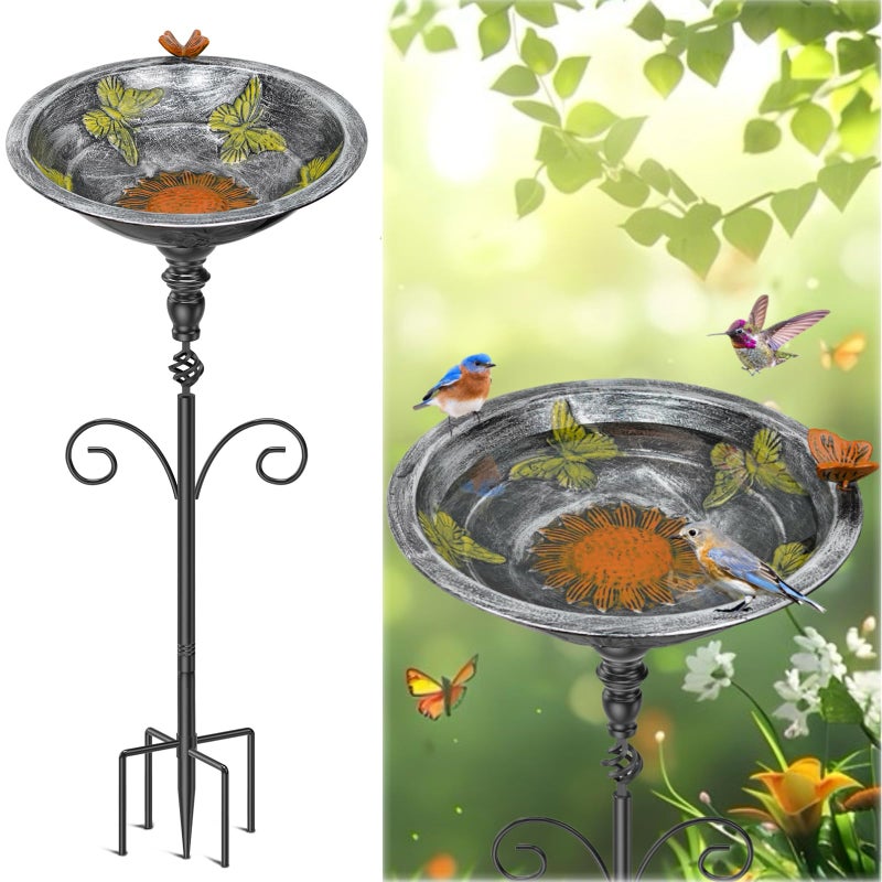 Gouisalin 35In Bird Bath for Outside, Vintage Metal Birdbaths & Birdfeeder with 5 Prong Bases for Outdoors, Freestanding Bird Feeder Bowl with for Garden Yard Lawn Decor (Vintage Silver) - Image 1