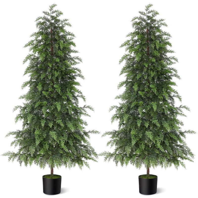 YXZZWL 5FT Real Touch Cedar Topiary Trees for Front Porch Decor, Artificial Shrubs Faux Plants Potted UV Resistant Fake Greenery for Outdoor Indoor Door Garden Farmhouse Home Decoration (Set of 2) - Image 1