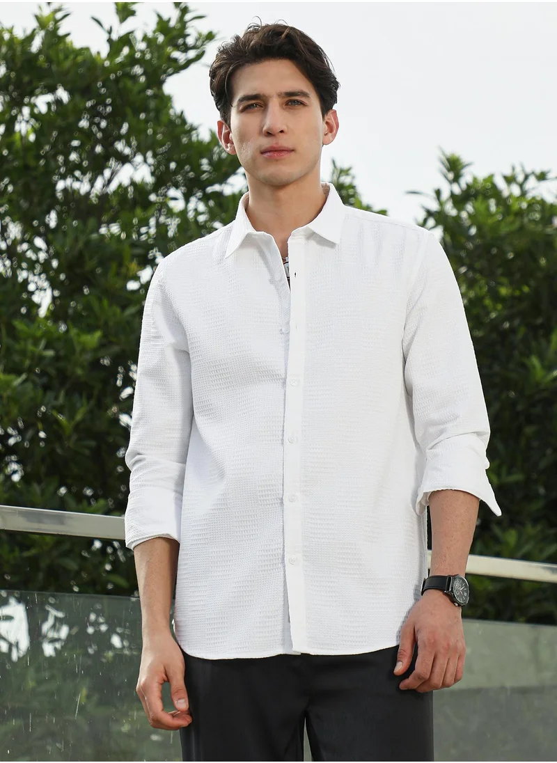 كامبوس سوترا Men's White Textured Cotton Blend Full Sleeve Shirt