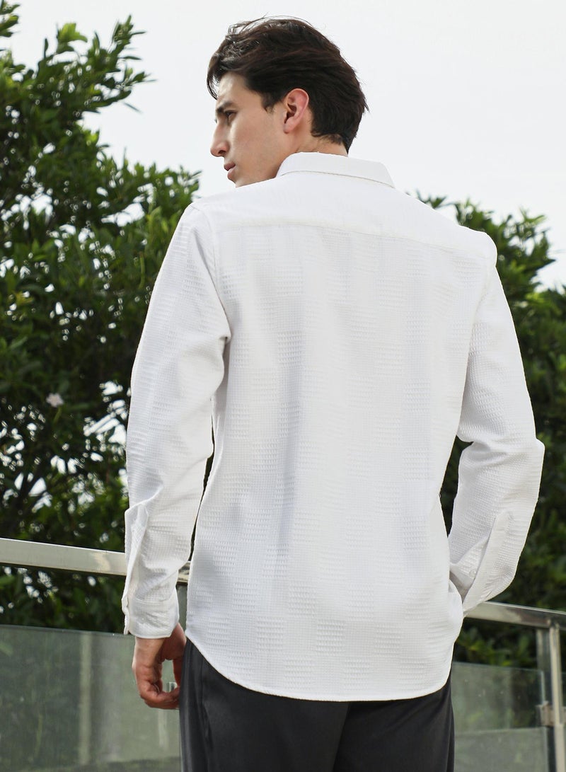 Campus Sutra Men's White Textured Cotton Blend Full Sleeve Shirt  - Image 5