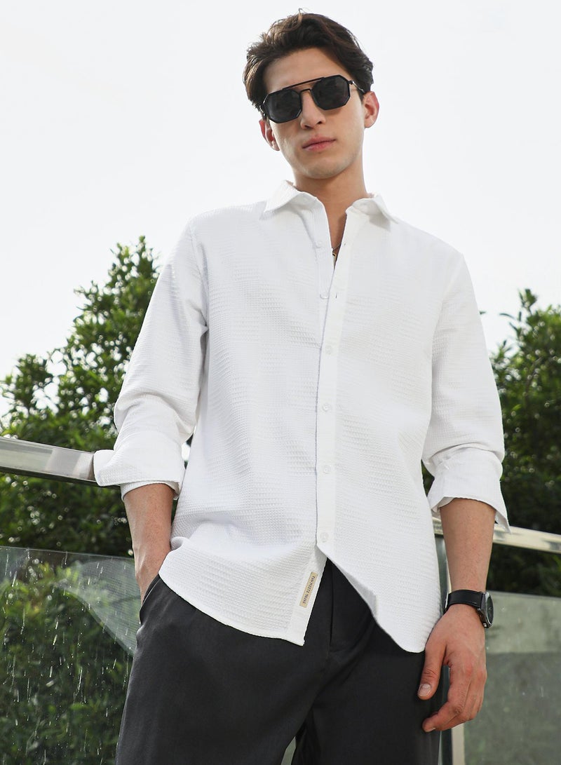 Campus Sutra Men's White Textured Cotton Blend Full Sleeve Shirt  - Image 1