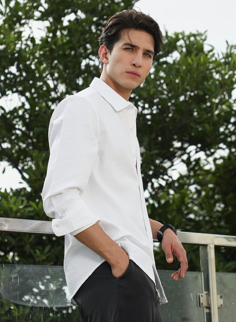 Campus Sutra Men's White Textured Cotton Blend Full Sleeve Shirt  - Image 3