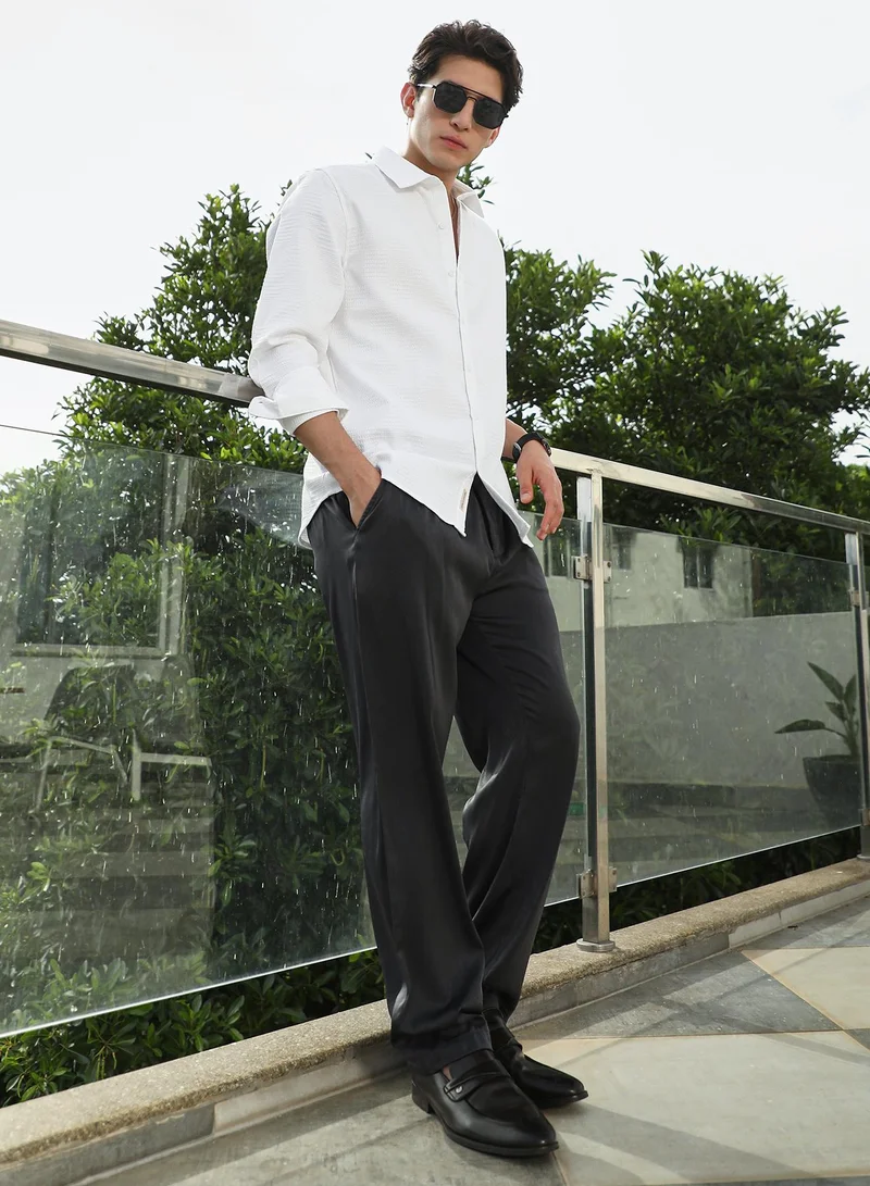 Campus Sutra Men's White Textured Cotton Blend Full Sleeve Shirt