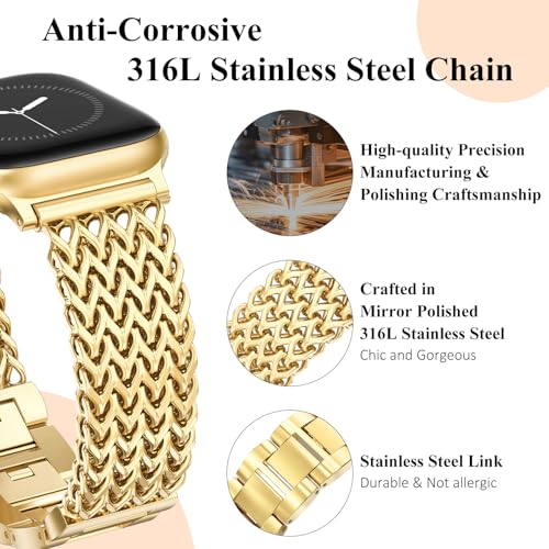 WINGLE Compatible for Gold Apple Watch Band Women Series 11/10 46mm 45mm 44mm 41mm SE 3/2/1 Dressy Stainless Steel Metal Chain Strap Designer Link Bracelet Wristband for iWatch 9 8 7 6 5 4 3 2 1 - Image 3