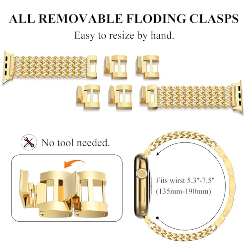 WINGLE Compatible for Gold Apple Watch Band Women Series 11/10 46mm 45mm 44mm 41mm SE 3/2/1 Dressy Stainless Steel Metal Chain Strap Designer Link Bracelet Wristband for iWatch 9 8 7 6 5 4 3 2 1 - Image 4