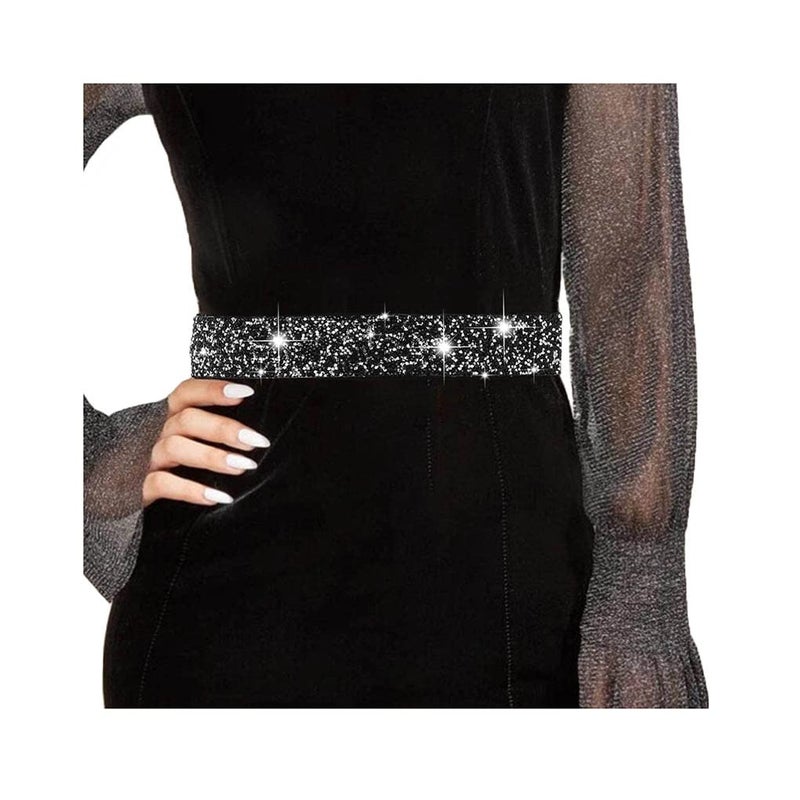 Yalice Balck Rhinestone Dress Belts for Women Elastic Waist Belt Shiny Crystal Wedding Sash Belt for Formal Costume (Black Rhinestone, Fits Waist Size: 31''-34'') - Image 1