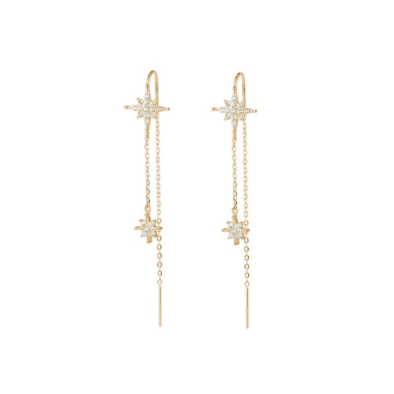 SLUYNZ Sterling Silver CZ Star Dangle Earrings for Women Teen Girls Long Dangle Earrings Threader Tassel (B-Gold) - Image 1
