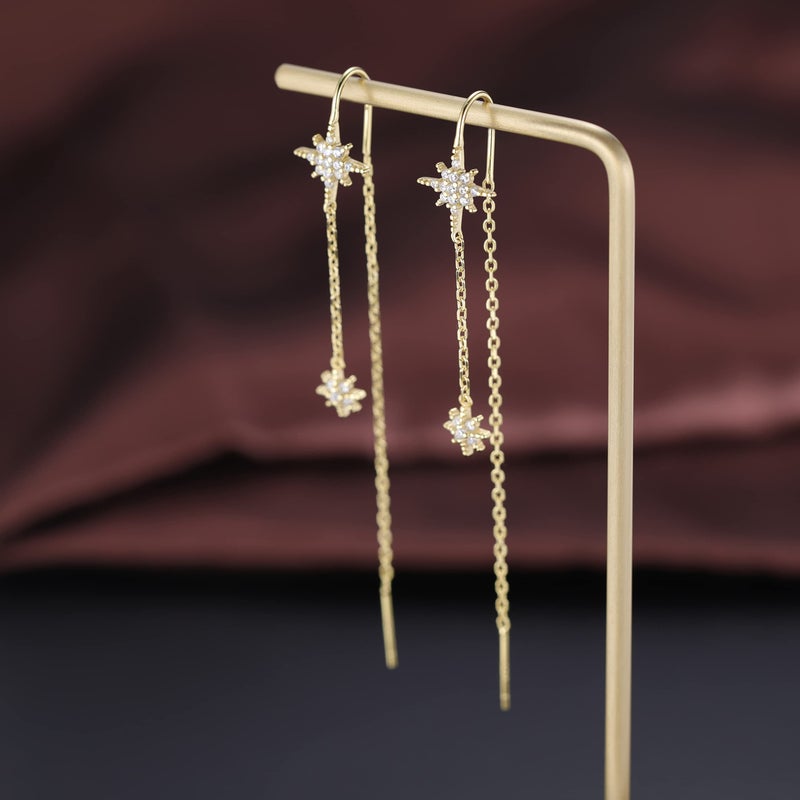 SLUYNZ Sterling Silver CZ Star Dangle Earrings for Women Teen Girls Long Dangle Earrings Threader Tassel (B-Gold) - Image 3
