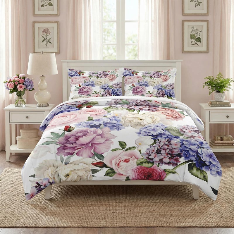 WeCozy Twin Size Comforter Set with Pillowcase, Painting Floral Rose Flower Hydrangea Soft 2 Pcs Bedding for Kids and Adults Bedroom Bed Decor - Image 1