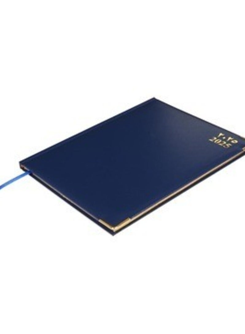 FIS 2025 Golden Executive Diary, Vinyl Materials, 1 Side Padded Cover, Gilded Edges, Golden Corners, Size 210x260mm, English/French/Arabic, 70gsm White Paper, Blue Color-FSDI32AEG25BL