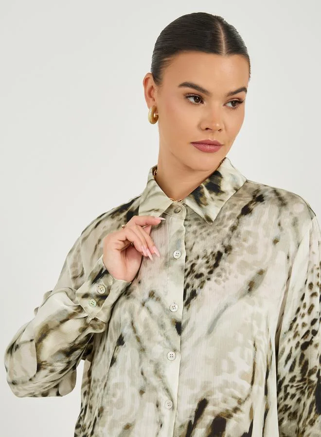 Styli Styli Animal Print Collared Oversized Shirt