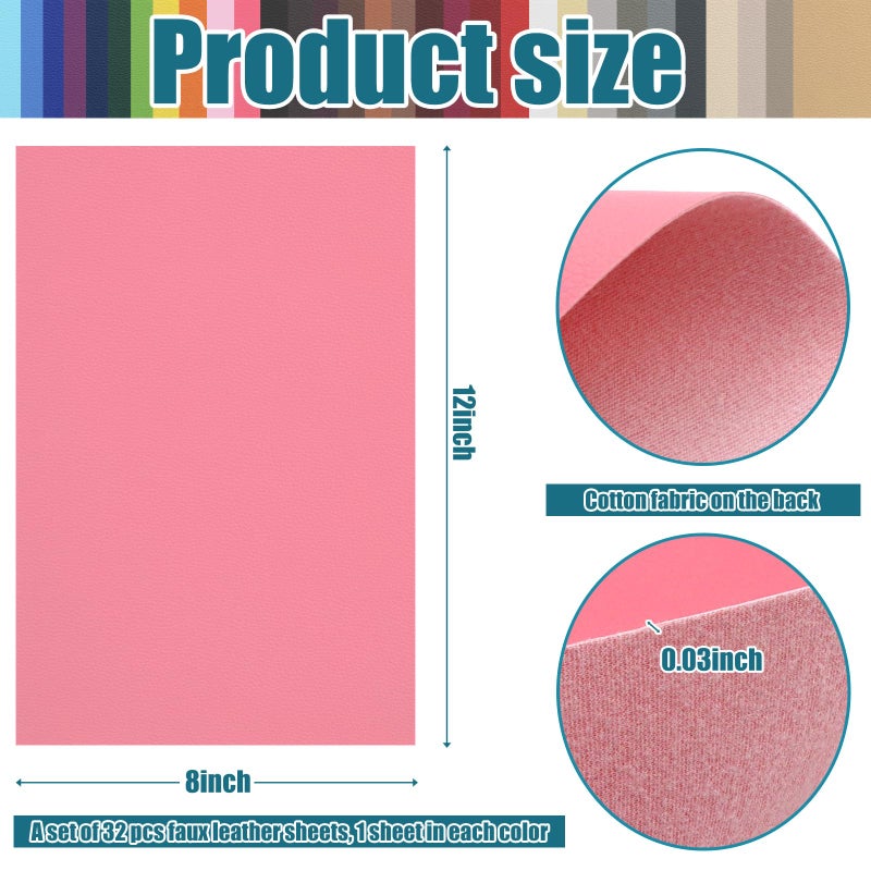 LOTMER 32 Pieces Faux Leather Sheets 8Ã—12 INCH 32 Colors Leather Fabric Sheets 0.7mm Thickness Faux PU Leather Sheets for Making Earring, Keychain, Jewelry and Other Handicrafts - Image 2
