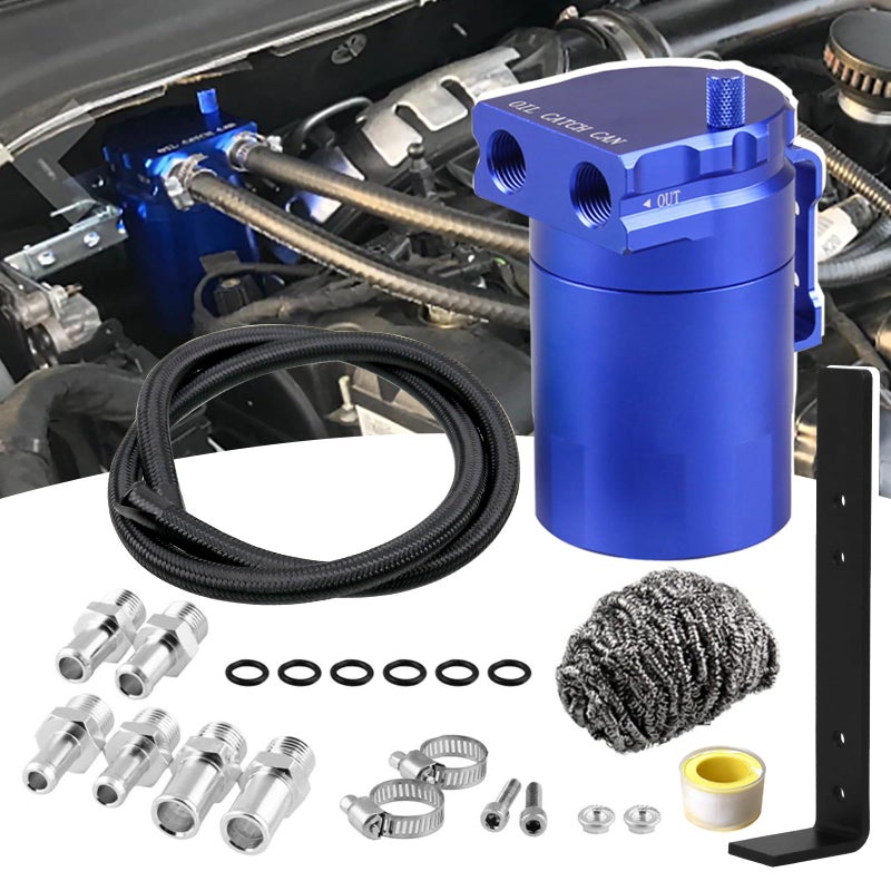 RULLINE Oil Catch Can Universal Baffled Catch Can Kit with Upgraded Braided Fuel Hose  with Bracket  350ml Air Oil Separator Tank for PCV System Aluminum Blue
