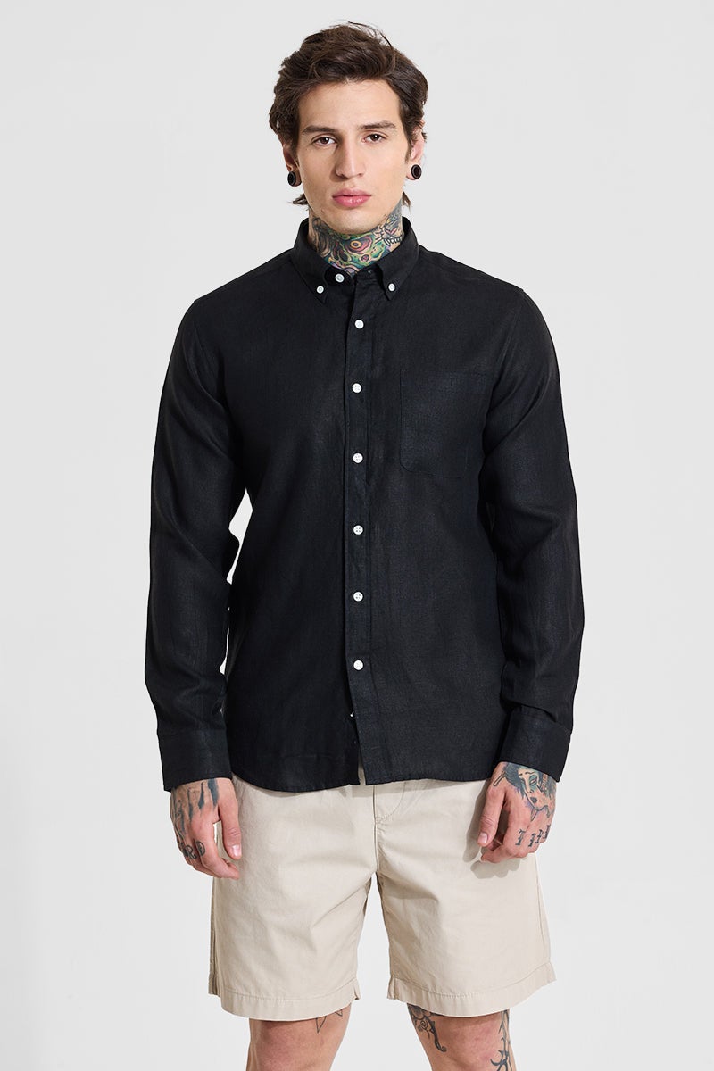 سنيتش قميص كتان أسود بقصة ضيقة - Image 4
