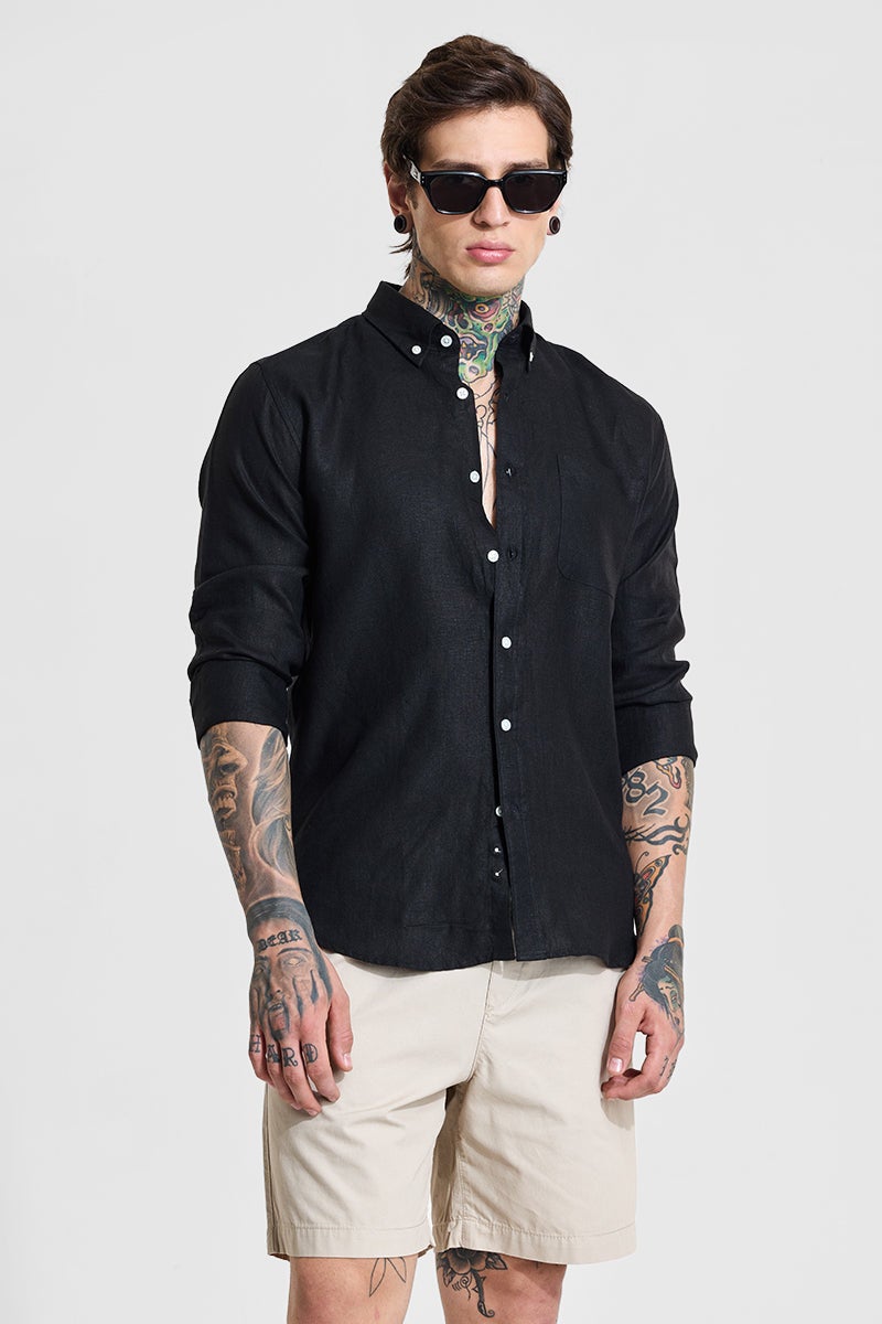 سنيتش قميص كتان أسود بقصة ضيقة - Image 5