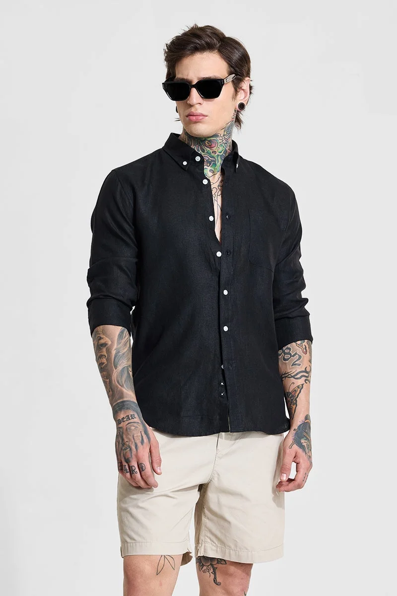 SNITCH Black Slim Fit 100% Linen Shirt