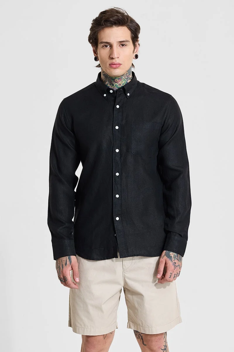 SNITCH Black Slim Fit 100% Linen Shirt