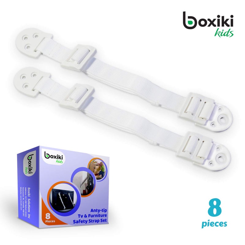Boxiki Kids Adjustable Anti-Tip Furniture Anchors for Baby Proofing and Dresser Anchoring Kit. 8 PC Wall Anchors and Earthquake Straps. Baby Safety Kit and Home Safety Furniture Straps (White) - Image 2