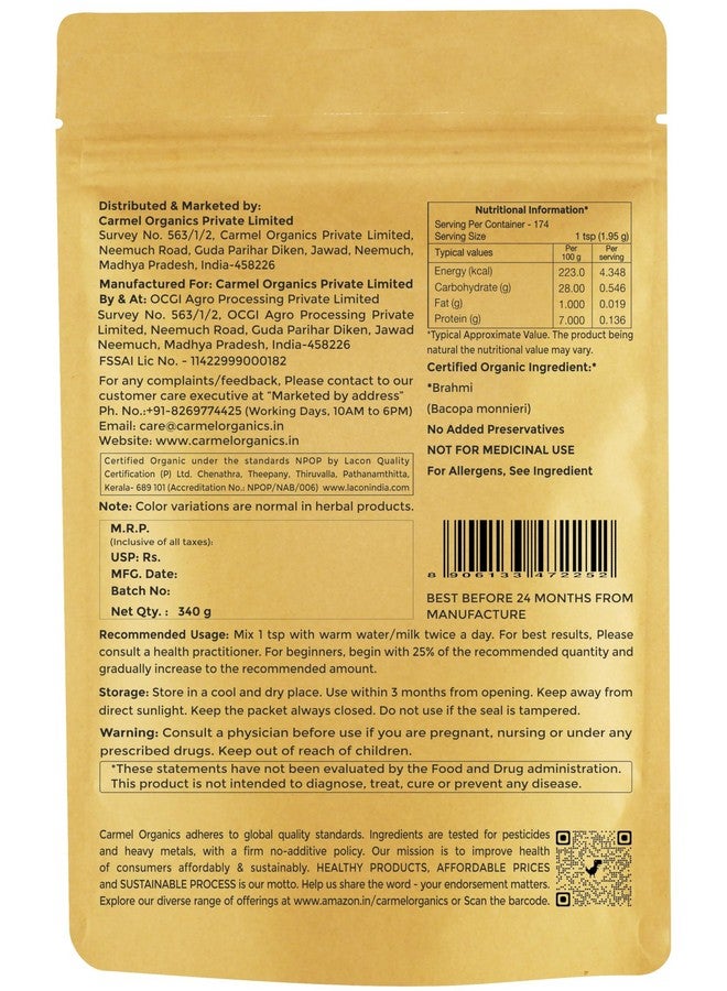 CARMEL ORGANICS CARMEL ORGANICS Bacopa Monnieri 340 Gram Powder | Herbal Supplement for Focus, Memory & Stress Relief | Non-GMO | No Added Preservatives | Neer Brahmi  - Image 2