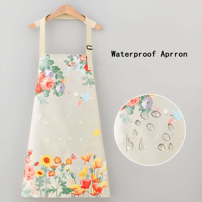 Twpribarn Floral Aprons with Pocket Blooming Floral Womens Waterproof Apron with Adjustable Neck with Long Ties for Women Men Cooking, Baking, Gardening, Salon, Crafts, Butterfly Beige - Image 2