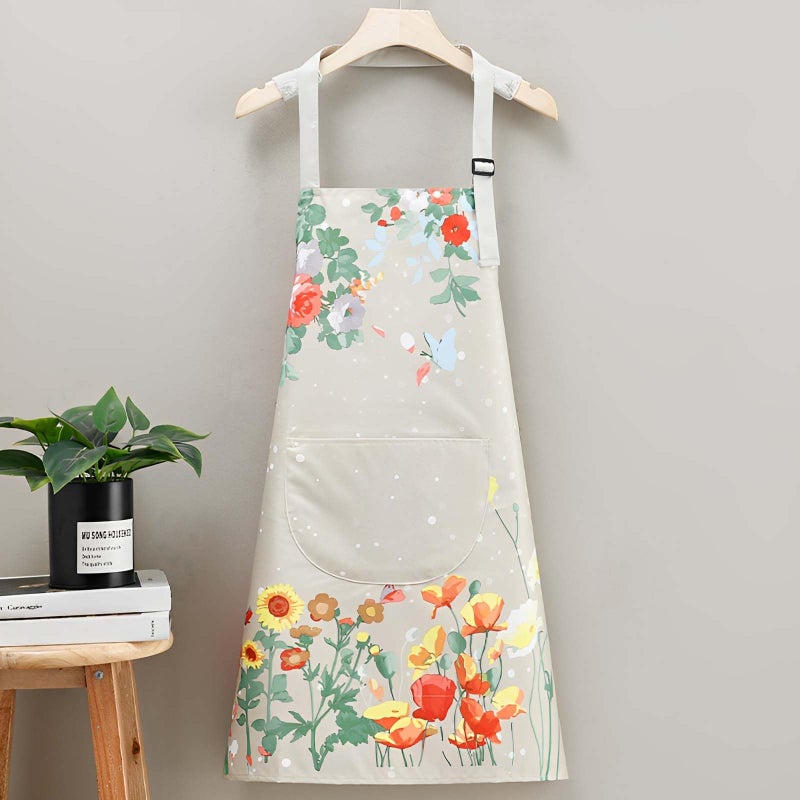 Twpribarn Floral Aprons with Pocket Blooming Floral Womens Waterproof Apron with Adjustable Neck with Long Ties for Women Men Cooking, Baking, Gardening, Salon, Crafts, Butterfly Beige - Image 5
