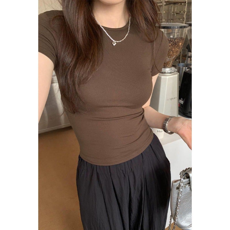 2026 Early Spring In-Stock Gray Short-Sleeve Women'S New Spring-Summer Simple Straight-Shoulder Slim Fashion T-Shirt For Petite Women - Image 3