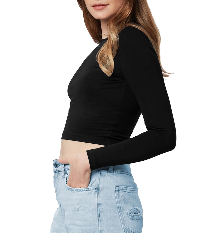THE BLAZZE Women's Cotton Boat Neck Full Sleeve Solid Casual Wear Black Regular Fit Crop Top For Women L357 1138 (2Xl, Blk) - Image 4