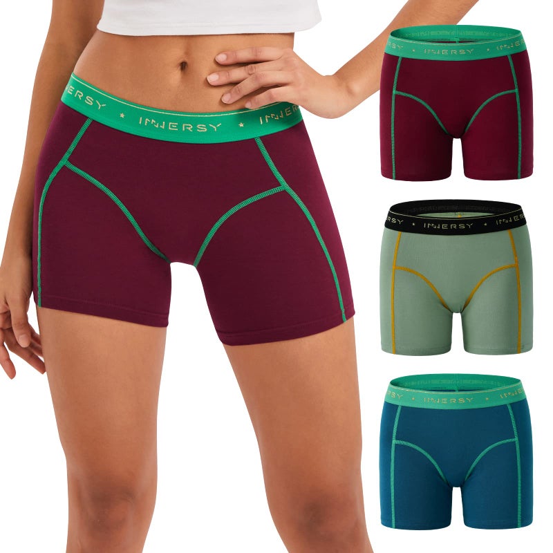 INNERSY Women's 4" Inseam Boxers Briefs Cotton Boyshorts Underwear Ladies Panties 3-Pack(Retro Red&Green,Medium) - Image 1