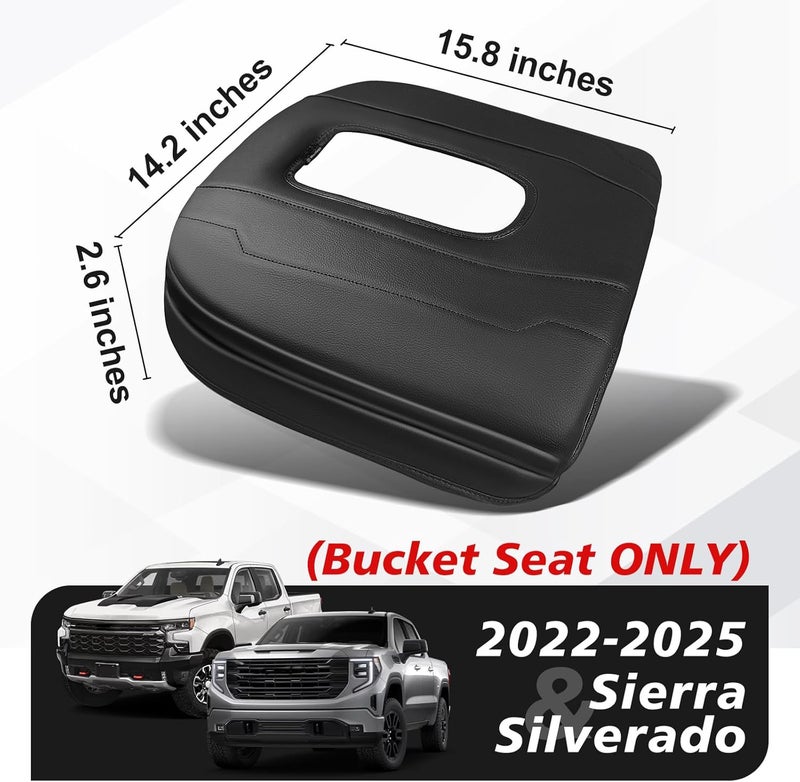 Muslogy غطاء وسادة المسند الأمامي للوحة التحكم في Muslogy، مناسب لطرازات Chevy Silverado وGMC Sierra (موديلات 1500، 2500، 3500) للأعوام 2022-2026، مع وسادة داعمة للمسند وحامي من الجلد النباتي، سمك إضافي 1 بوصة (مقعد على شكل سلة). - Image 3