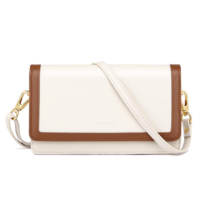 nuoku Crossbody Bag for Women Cellphone Little Purse with Credit Card Slots Lightweight Leather Wristlet Wallet, Apricot with Brown - Image 1