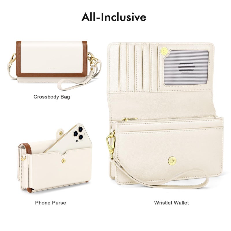 nuoku Crossbody Bag for Women Cellphone Little Purse with Credit Card Slots Lightweight Leather Wristlet Wallet, Apricot with Brown - Image 3