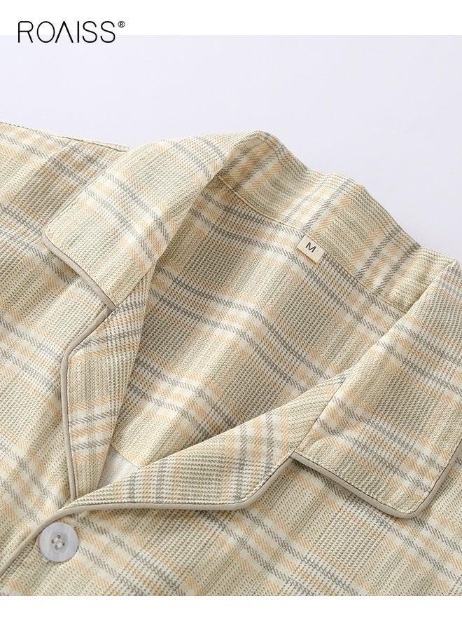 Men Home Loungewear Set Pajamas Sleepwear with Notch Collar Button Down Top Elastic Waist Pants Soft Breathable Cotton Blend - Image 5