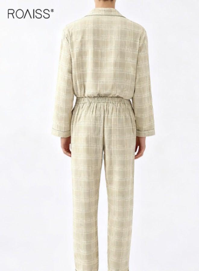 Men Home Loungewear Set Pajamas Sleepwear with Notch Collar Button Down Top Elastic Waist Pants Soft Breathable Cotton Blend - Image 3