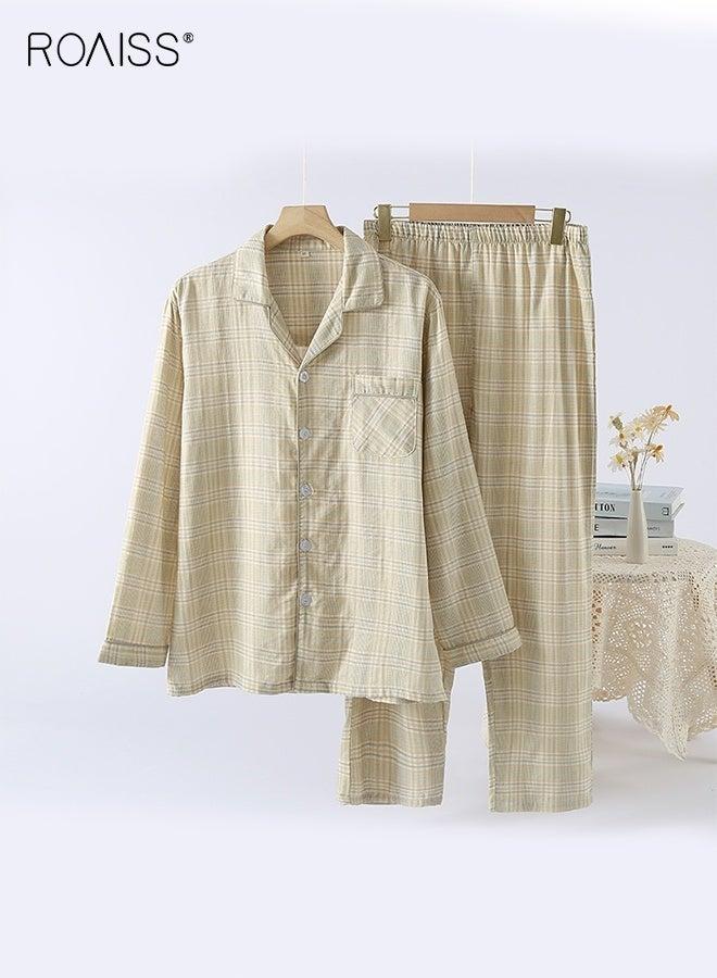 Men Home Loungewear Set Pajamas Sleepwear with Notch Collar Button Down Top Elastic Waist Pants Soft Breathable Cotton Blend - Image 4