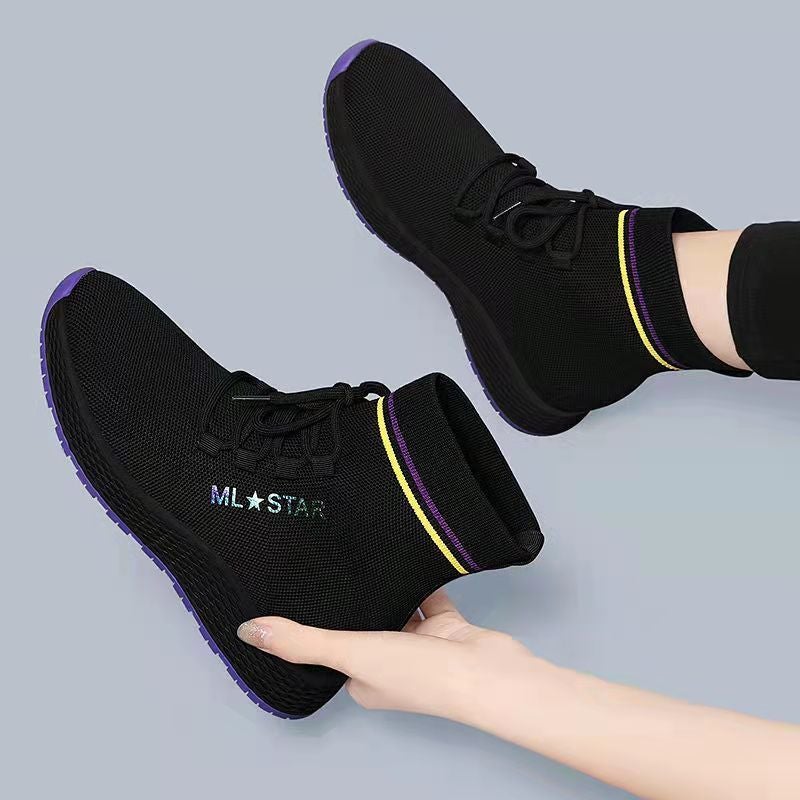 Black Elastic High-Top Sock Sneakers Women Casual Winter 2023K515G black and purple (single lining) K515G black and purple (single lining)
