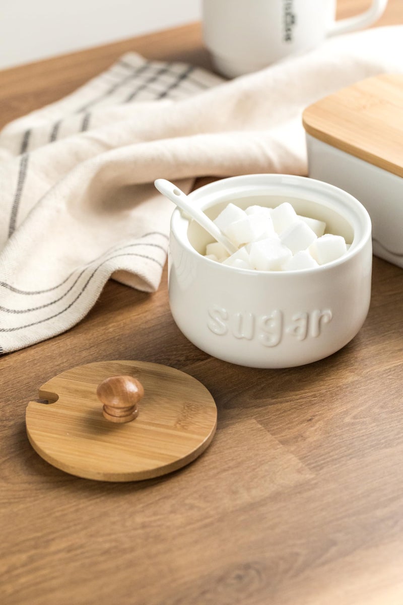 LYEOBOH Sugar Bowl with Lid and Spoon,17 OZ Sugar Jar, Ceramic Jar with Lid, Sugar Container for Coffee Bar, Sugar Bowls for Countertop, Azucarera for Farmhouse Home and Kitchen, White - Image 5