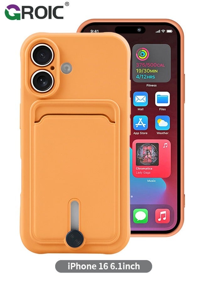 GROIC iPhone 16 Orange Silicone Case with Card Holder, Frosted TPU Soft Wallet Slot Shockproof Full Coverage Lens Protective Cover - Image 1