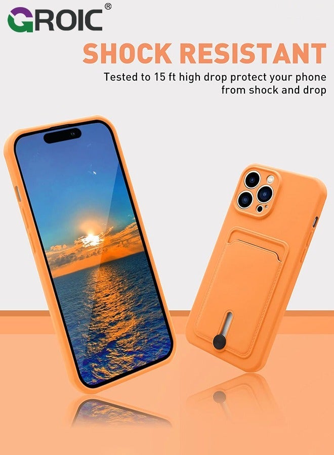 GROIC iPhone 16 Orange Silicone Case with Card Holder, Frosted TPU Soft Wallet Slot Shockproof Full Coverage Lens Protective Cover - Image 5