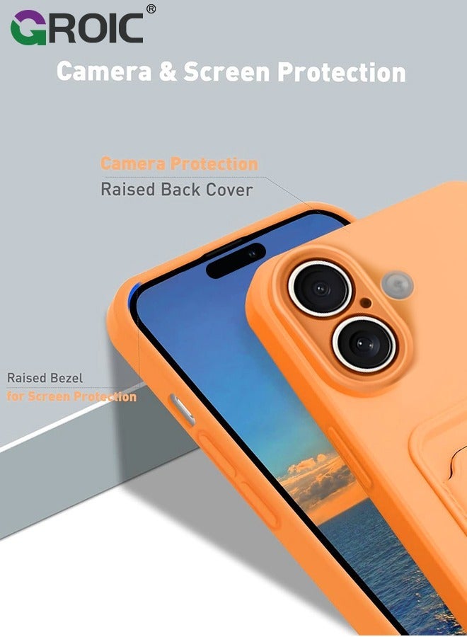 GROIC iPhone 16 Orange Silicone Case with Card Holder, Frosted TPU Soft Wallet Slot Shockproof Full Coverage Lens Protective Cover - Image 3