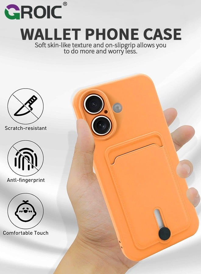 GROIC iPhone 16 Orange Silicone Case with Card Holder, Frosted TPU Soft Wallet Slot Shockproof Full Coverage Lens Protective Cover - Image 2