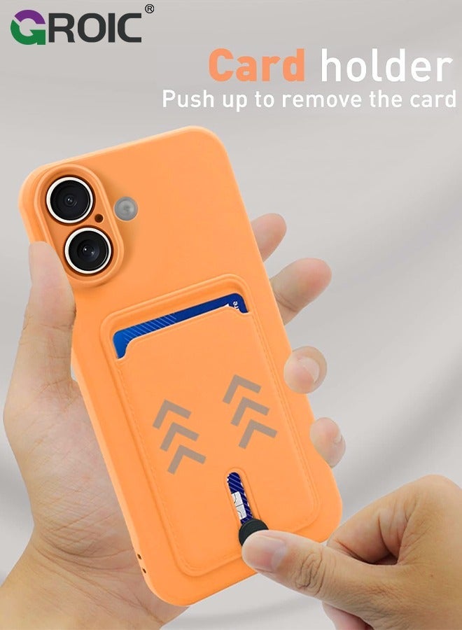 GROIC iPhone 16 Orange Silicone Case with Card Holder, Frosted TPU Soft Wallet Slot Shockproof Full Coverage Lens Protective Cover - Image 4
