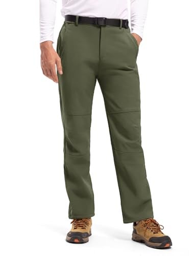 TBMPOY Men's Snow Ski Hiking Pants Waterproof Winter Fleece Lined Pants Camping Skiing Ice Fishing Pants with Belt 01 Thick Green L - Image 3