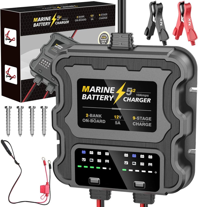 Zrfmib Smart 2 Bank Marine Battery Charger, 10A (5A/Bank), 12V Waterproof Charger for AGM, Lithium, and Deep-Cycle Batteries - Image 1