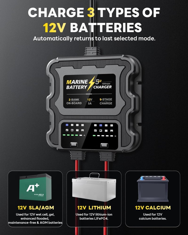 Zrfmib Smart 2 Bank Marine Battery Charger, 10A (5A/Bank), 12V Waterproof Charger for AGM, Lithium, and Deep-Cycle Batteries - Image 3