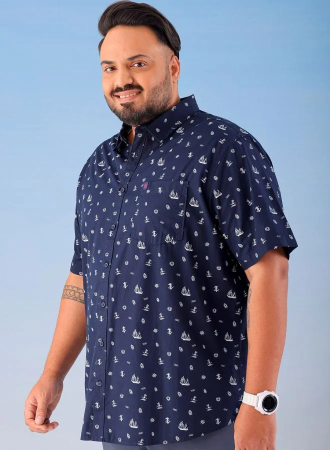 HARDSODA Men Plus Size Regular Fit Printed Cutaway Collar Half Sleeves Casual Shirt