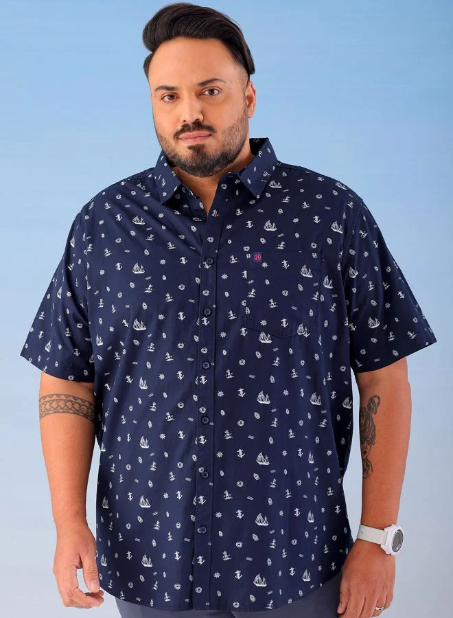 HARDSODA Men Plus Size Regular Fit Printed Cutaway Collar Half Sleeves Casual Shirt